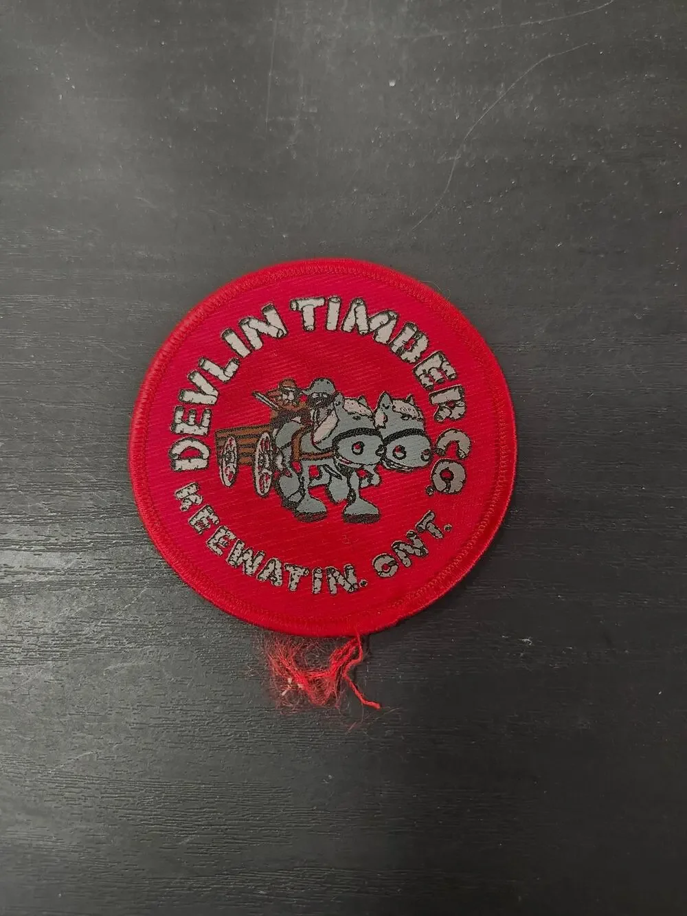Vintage Devlin Timber Co Patch Keewatin Ontario Canada Horse Logging Red Badge